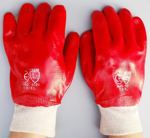 工厂直销罗口红耐油PVC手套防水耐油耐酸碱针织内里红色耐油手套